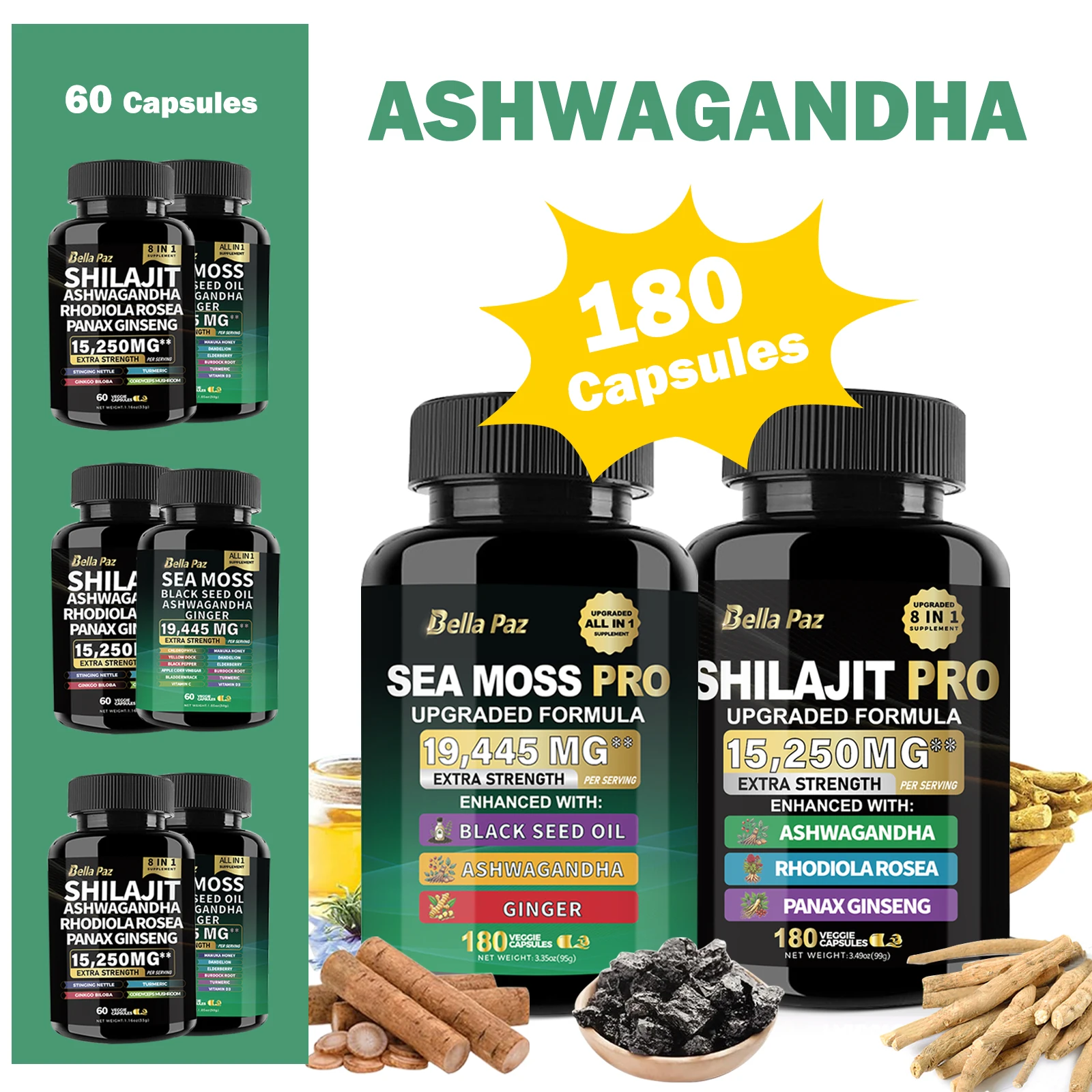 BellaPaz Ashwagandha Bundle: Upgraded Formula-Sea Moss, Shilajit,Black Seed Oil, Ashwagandha,Ginger, Rhodiola,Ginseng-180 Count