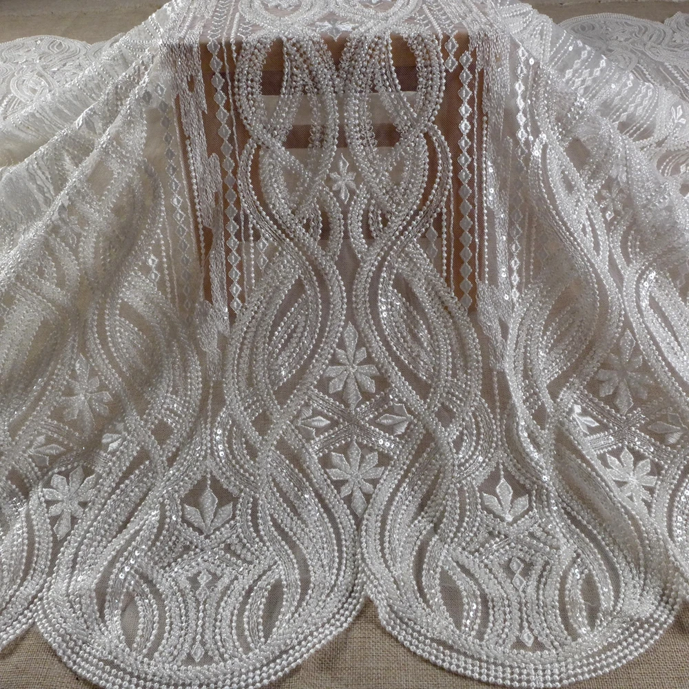 

HelluyerDc popular white beaded lace fabric,lines patterns embroidery for wedding prom dress fabric by the yard