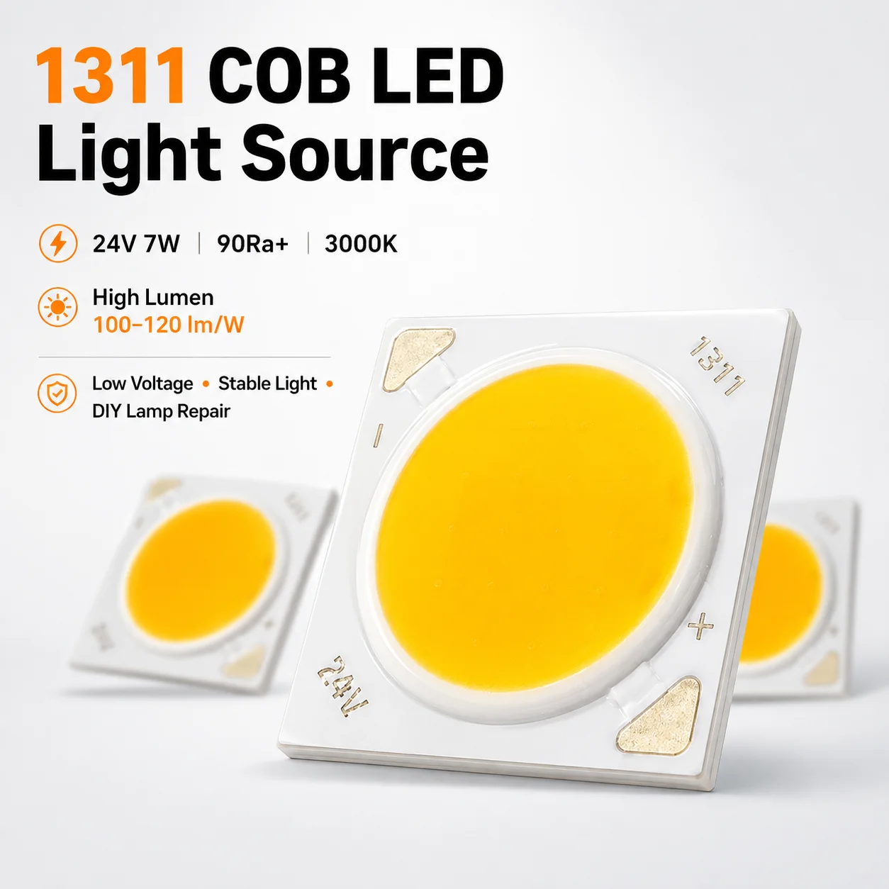 1311 COB LED Chip 24V 7W High Lumen 100-120lm/W Ra90+ 3000K Warm White LED Light Source for DIY Lamp Repair Downlight Spotlight