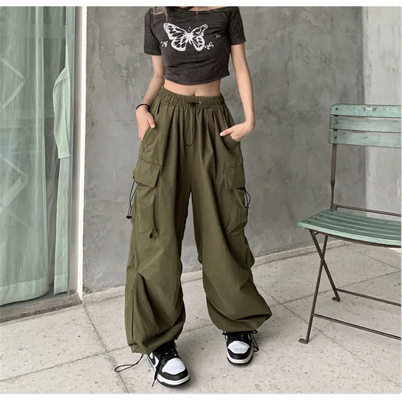 Women Y2K Beam Feet Cargo Pants Fashion Causal Korean Baggy Streetwear Trousers Hip Hop Harajuku Wide Leg Drawstring Sweatpants