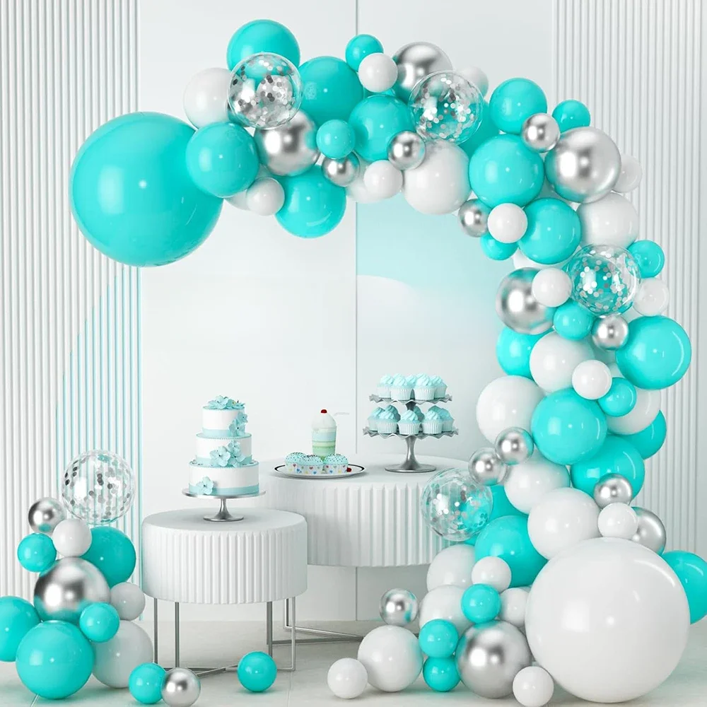 Kit de guirlande en arc de ballons bleu sarcelle, Turquoise, argent, blanc, décoration pour réception-cadeau pour bébé, anniversaire d'enfant, décoration de fête de mariage, Globos