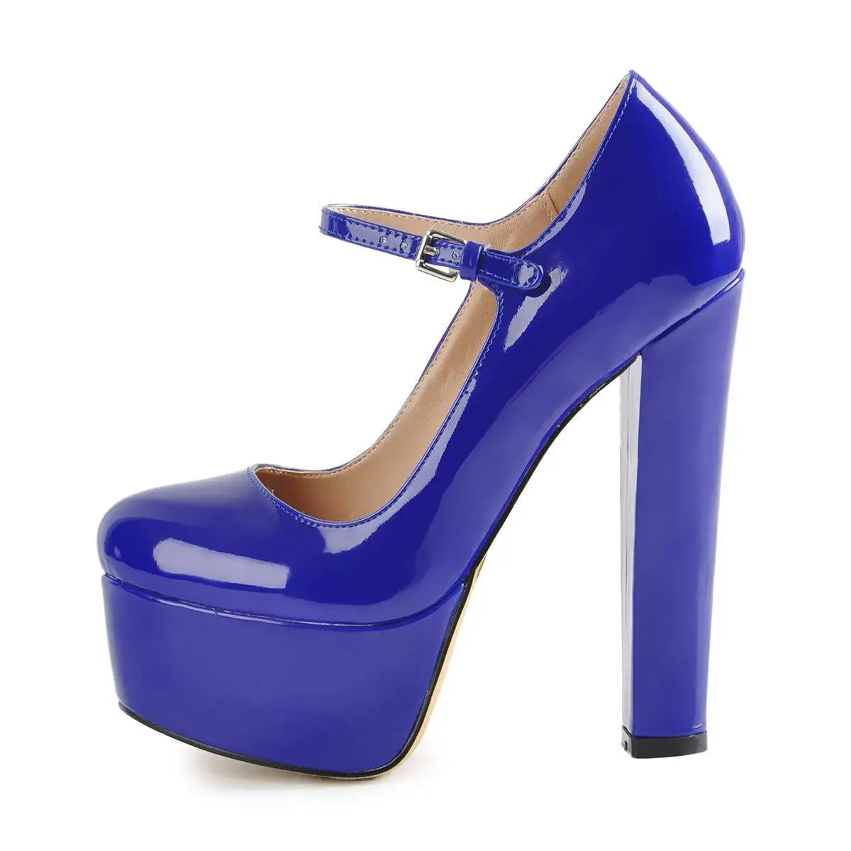 Women Patent Round Toe Platform Block Heel Mary Jane Pumps Ankle Strap Shoes Multi-color