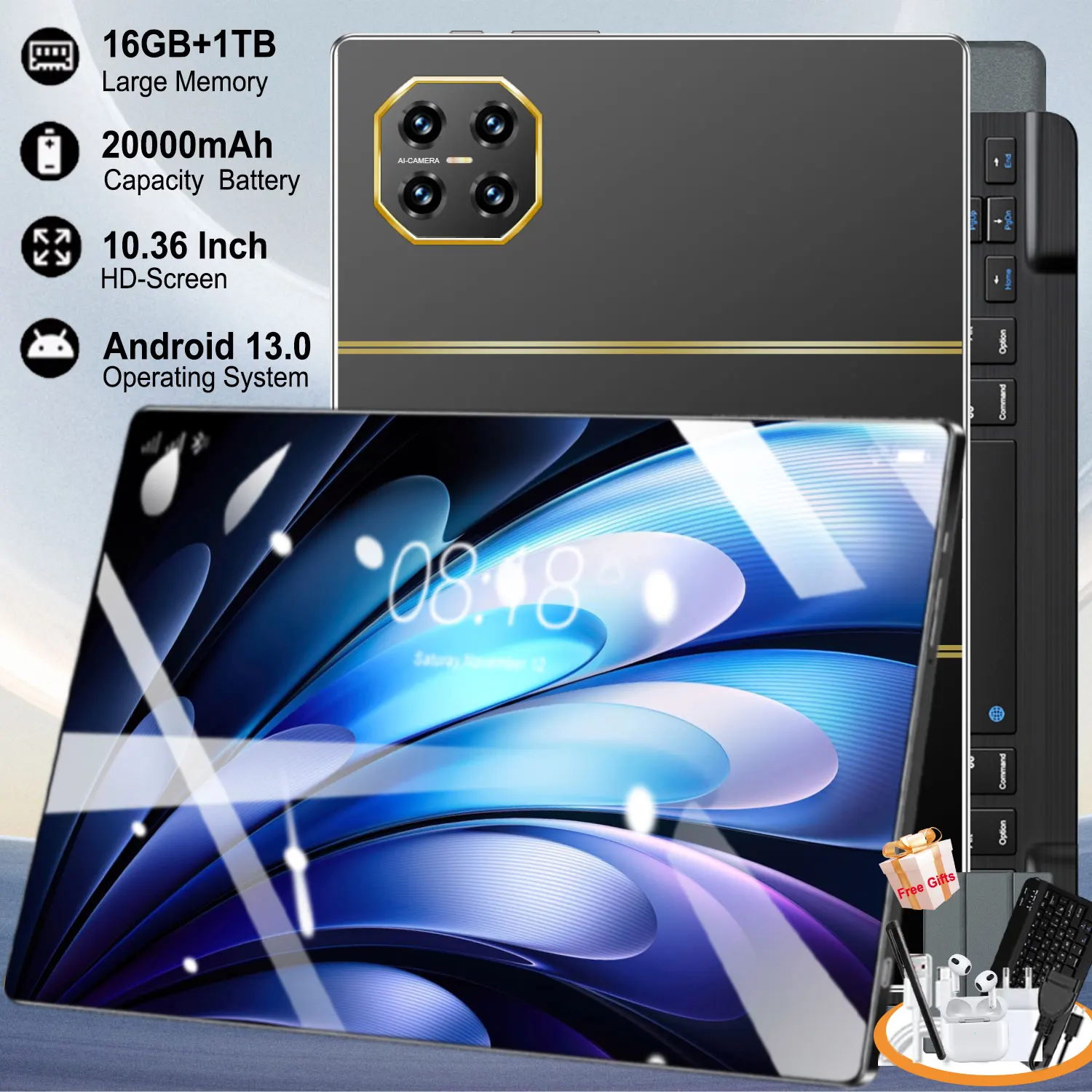 Tablette Android neuve, version globale, écran 4K HD de 10,36 pouces, 20000 mAh, 14 cœurs, 16 Go, 1 To, Android 13.0, 5G, WIFI, Bluetooth, WPS, appels téléphoniques.