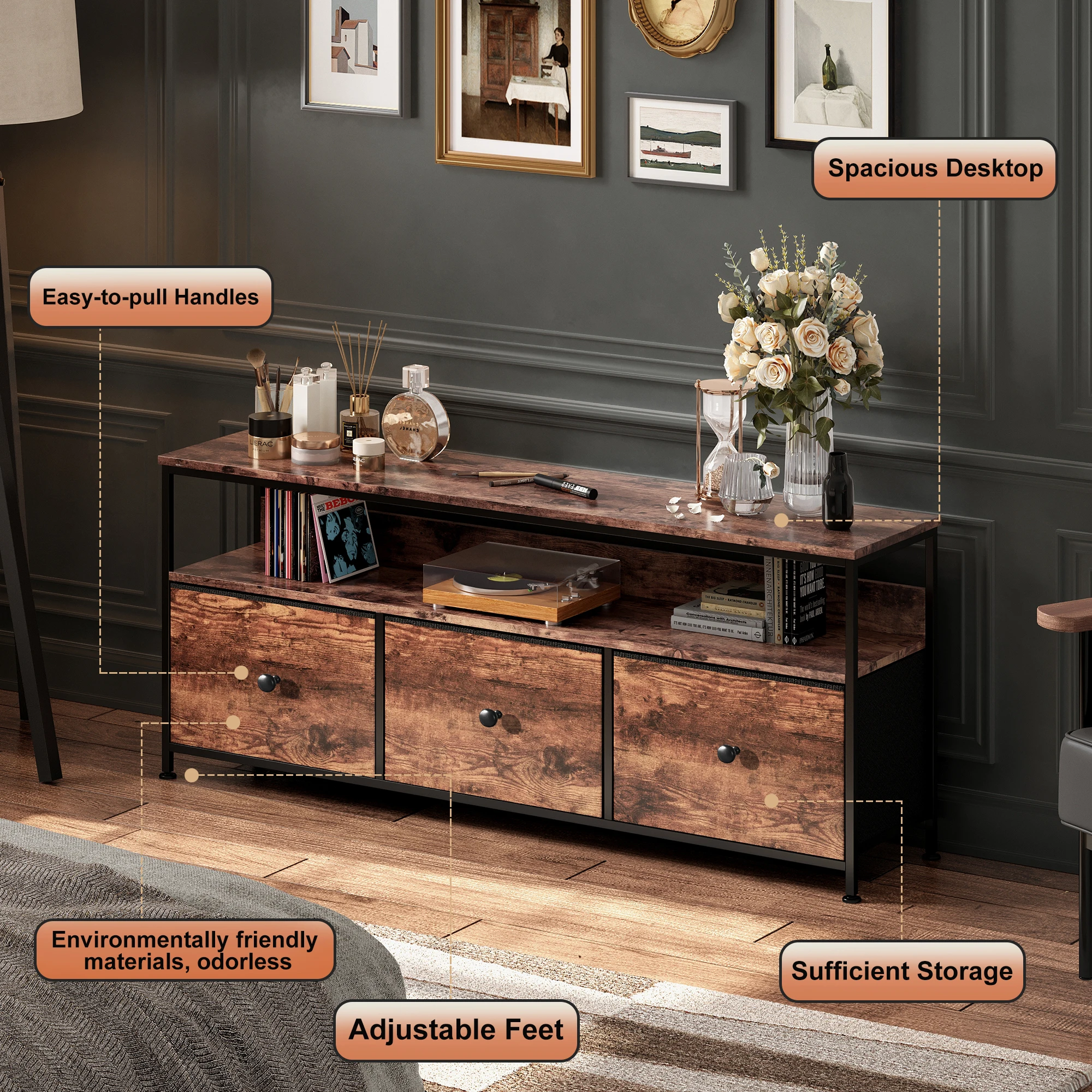 حامل تلفزيون Anajqaqia مقاس 108 × 30 × 57 سم، وخزانة طعام مع إضاءة LED و3 أدراج قابلة للطي، لغرفة المعيشة وغرفة الطعام وغرفة النوم