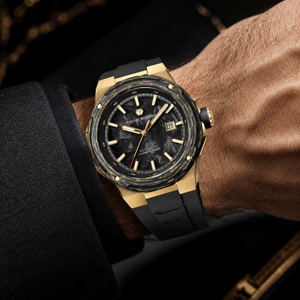 TSAR BOMBA TB8230 Men's Automatic Watch Carbon Fiber Bezel Dial Miyota Sapphire 10ATM Waterproof Golden Case Quick Release Strap