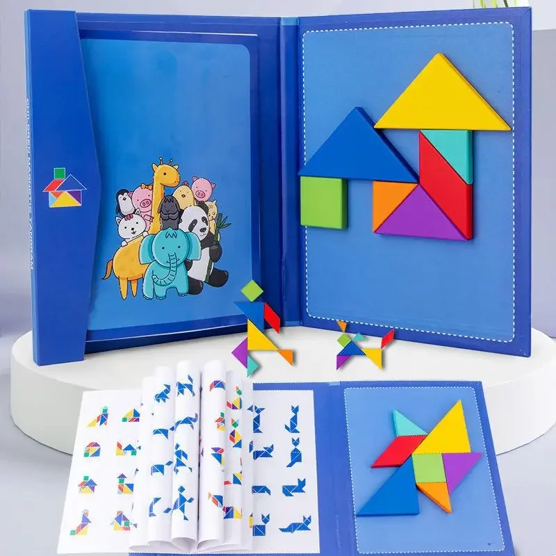 Drewniana układanka magnetyczna Tangram Puzzle Book zabawki edukacyjne dla dzieci dziecko dziecko przenośna inteligencja naukowa Montessori — zdjęcie 2