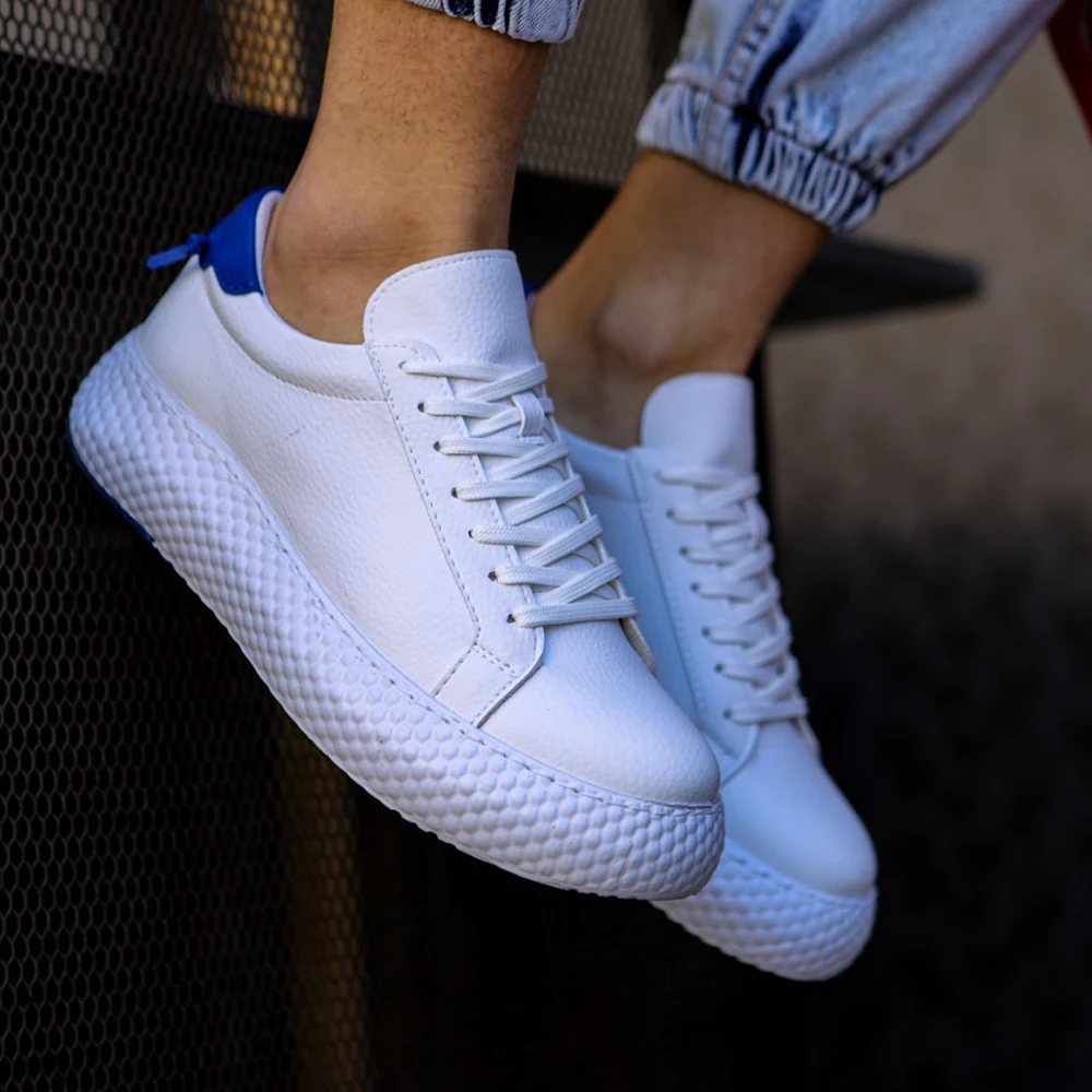 FOH Store Sneakers for Men WHITE BLUE Artificial Leather 2023 Spring Autumn Casual Lace Up Fashion Shoes High Base Sport Comfortable Light Vulcanized Daily Original Canvas Odorless Orthopedic Suits Office Wedding 107