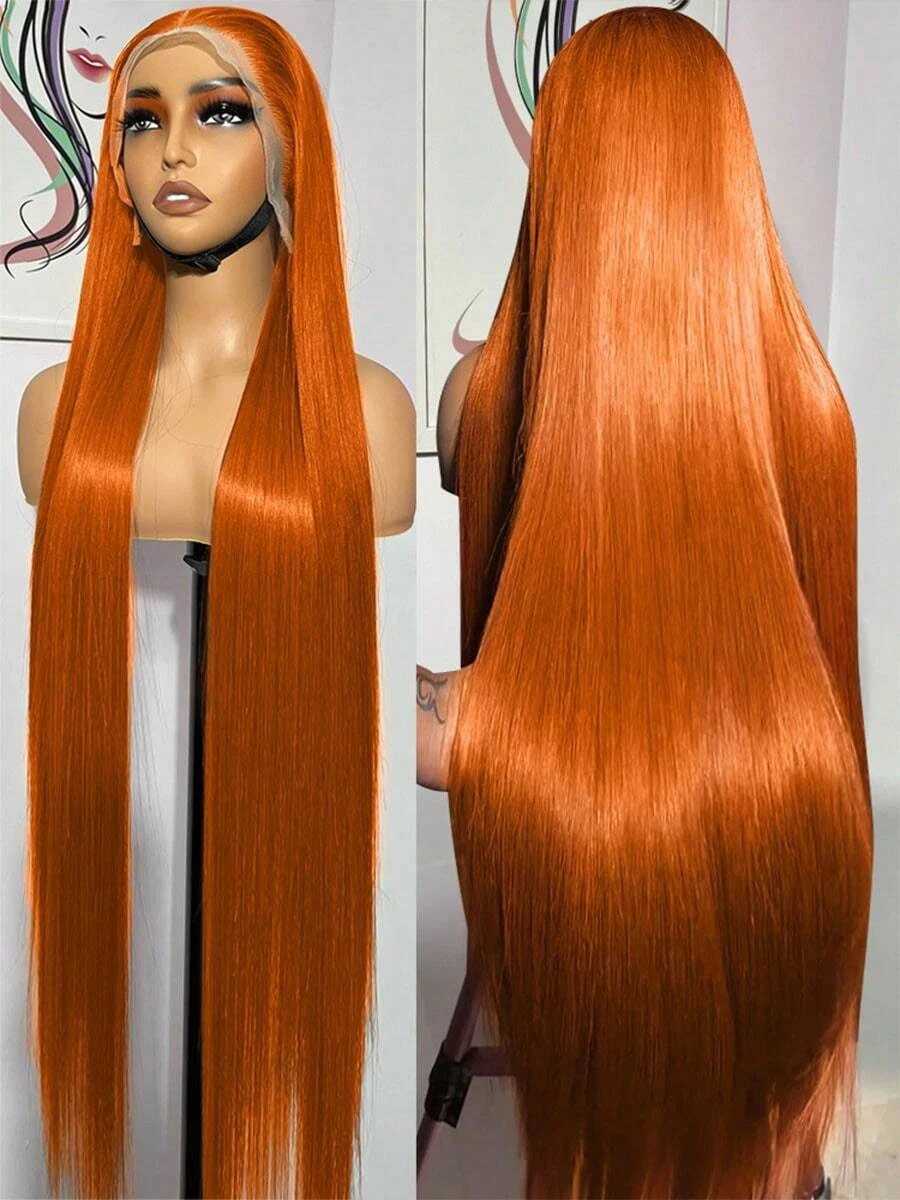 Pelucas de cabello humano liso de 34 pulgadas, color naranja jengibre, densidad 200%, con encaje frontal HD 13x4, pre-arrancadas, para mujeres afroamericanas.