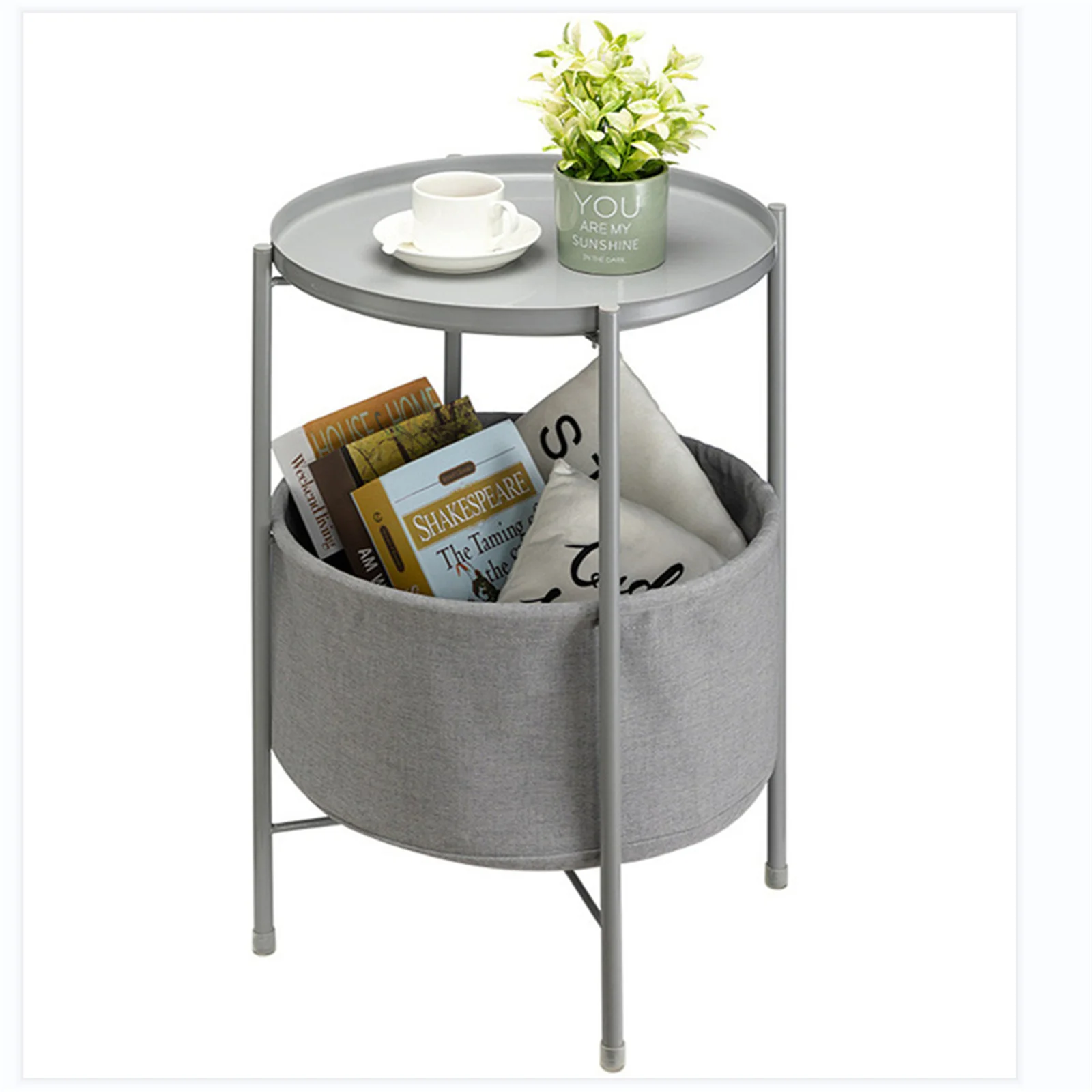 Folding end table 2 layer metal round side table dining table table nightstand removable tray for living room bedroom