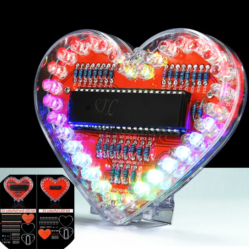 Lampe à eau courante en forme de cœur MCU Love LED colorée, projet de pratique de soudage électronique RVB, adapté aux étudiants, kit de bricolage