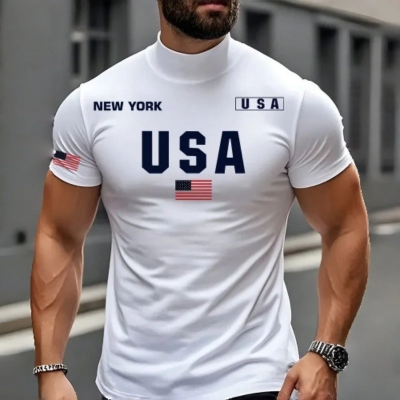Men USA American Flag Print Mock Neck T Shirt New York Letter Slim Fit Short Sleeve Soft Stretch Breathable Patriotic Athletic G