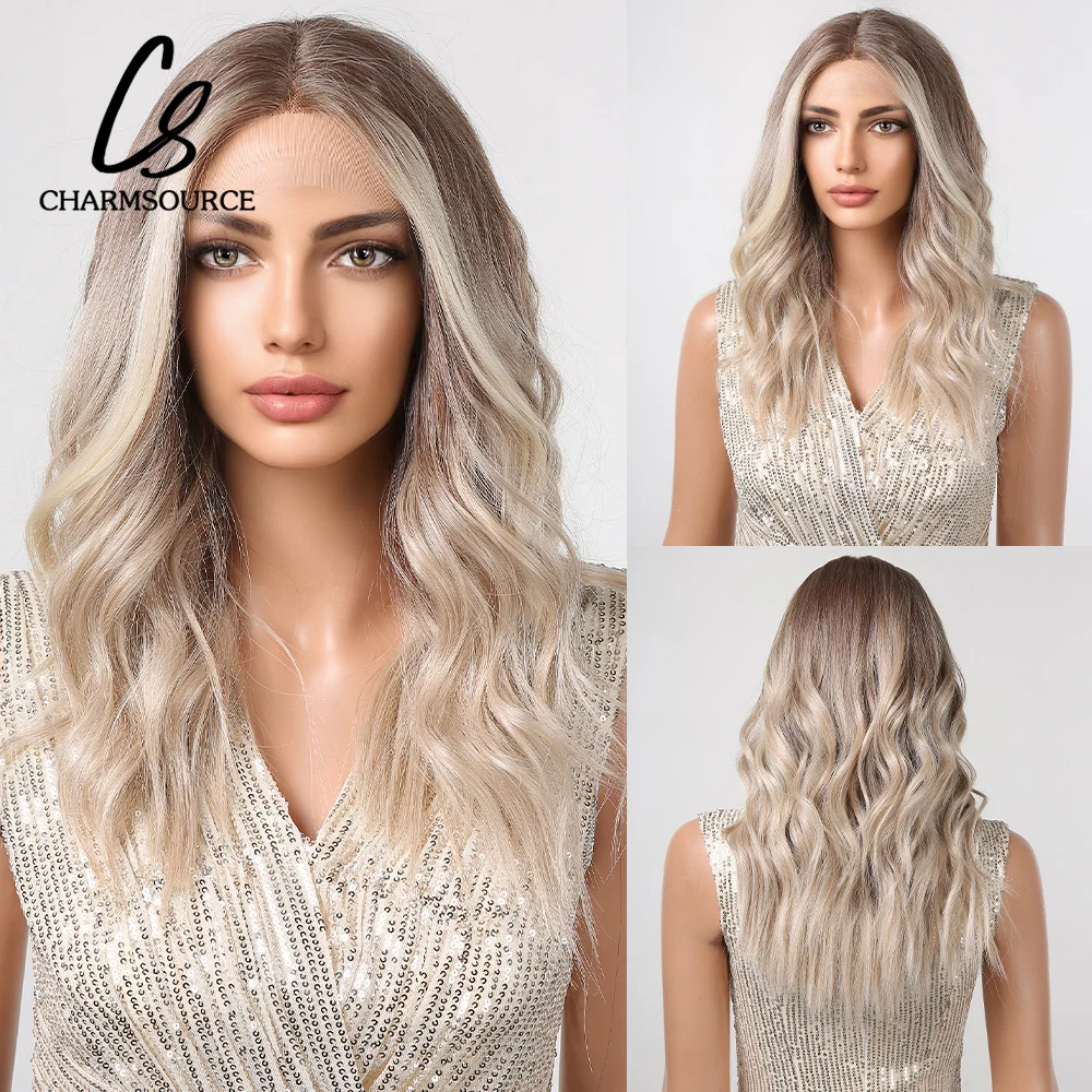 

CharmSource Synthetic Lace Wig Brown Ombre Blonde Lace Front Wigs Long Wavy with Dark Root Wigs for Women Daily Cosplay