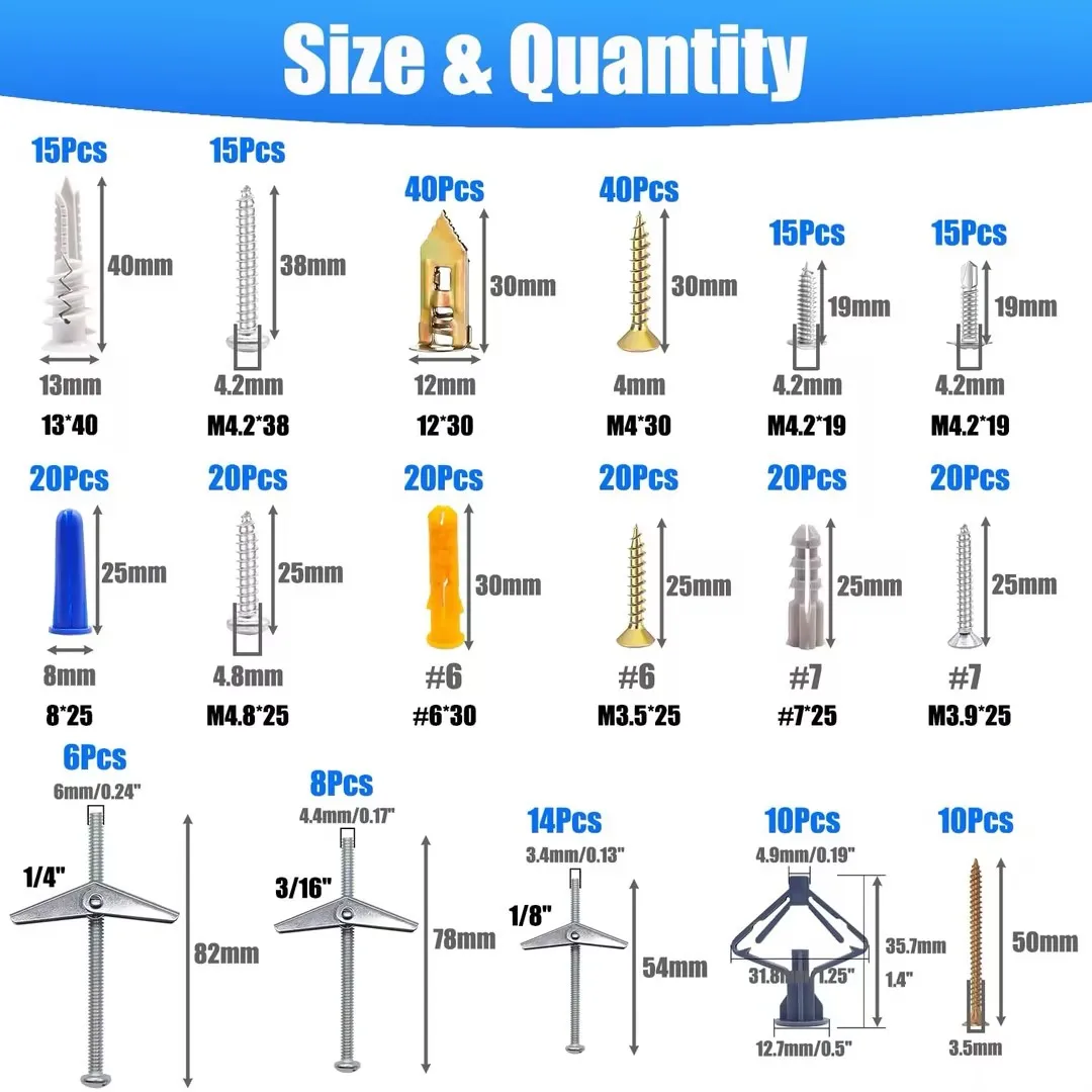 VKKM 336 Pieces Wall Anchor Screw Kit 11 Sizes Toggle Bolt, Hollow Wall Anchors, Plastic Expansion Plug Self Drilling Screws for Gypsum Board Brick Cement Wall