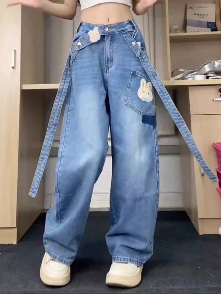 Women's Blue Rabbit Embroidered Cartoon Jeans Pocket Y2k 2000s American Casual Autumn And Winter New Design Straight Trousers