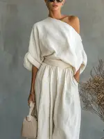 2026 Summer One Shoulder Linen Two Piece Set Women Roll Up Sleeve Waist Belt High Waist Lantern Pants White Breathable Casual Daily Beach Vacation Resort Outfit For American Ladies - Image 3