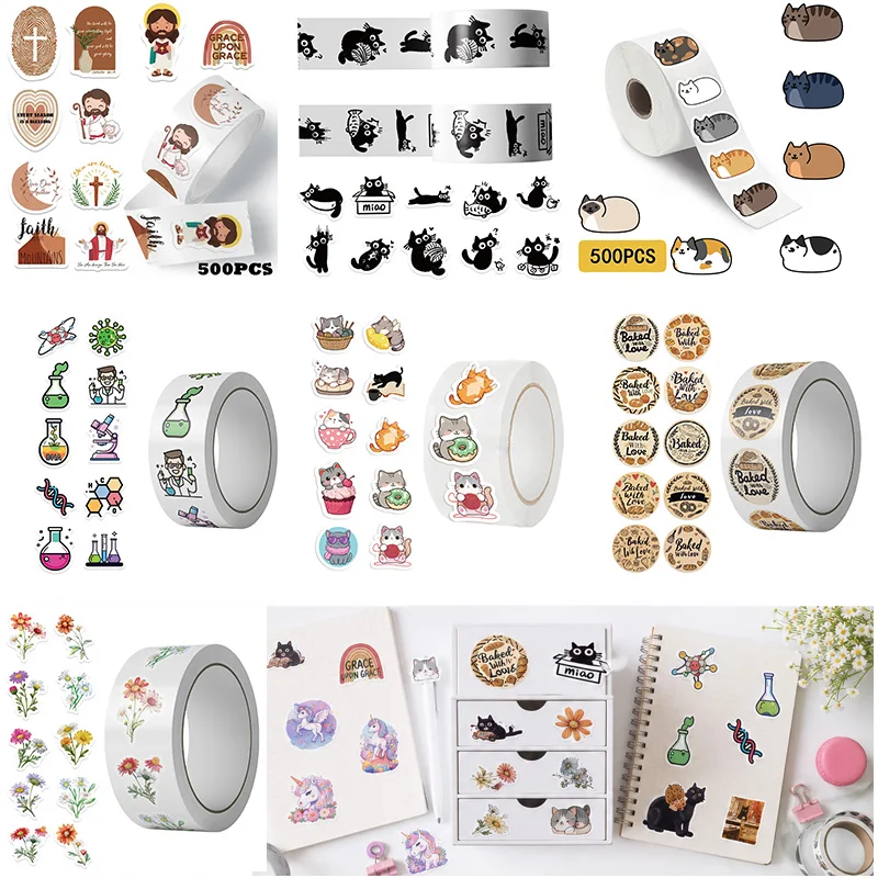 500PCS Bible Floral Animal Cat Designs Roll Stickers Skateboard Laptop Luggage Skateboard Phone Gift Waterproof Sticker ﻿