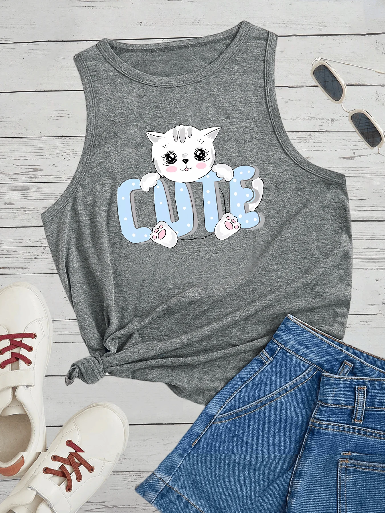 Love Cute Cat Baby Letter Fashion Women's Safety Tank Top Loose O Neck Sleeveless Casual Tank Top Women's Clothing