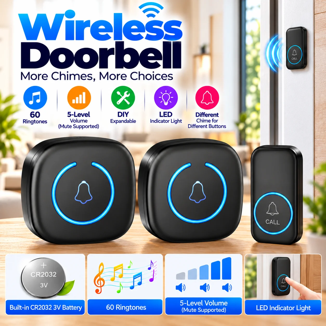 Wireless Doorbell Intelligent Welcome Door Bell 300M/984 FT Remote 60 Songs Melodies Home Smart Doorbell US EU Plug Optional