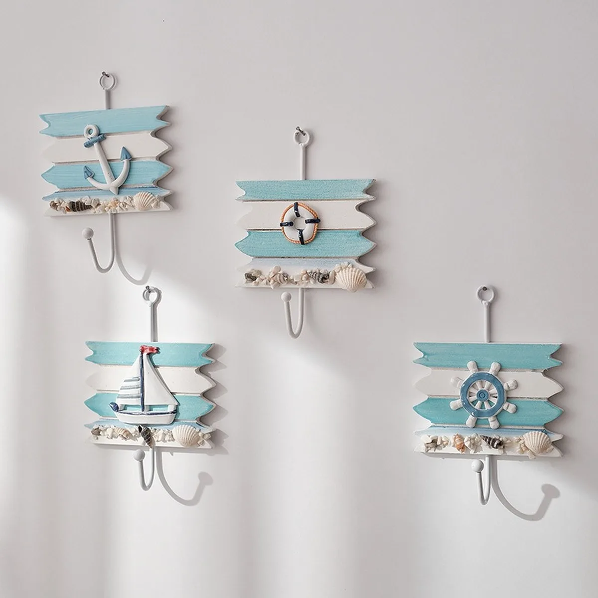Mediterranean Wall Hooks 4pc Set Nautical Iron Coat Key Hanger Coastal Lifebuoy Helm Anchor Sailboat