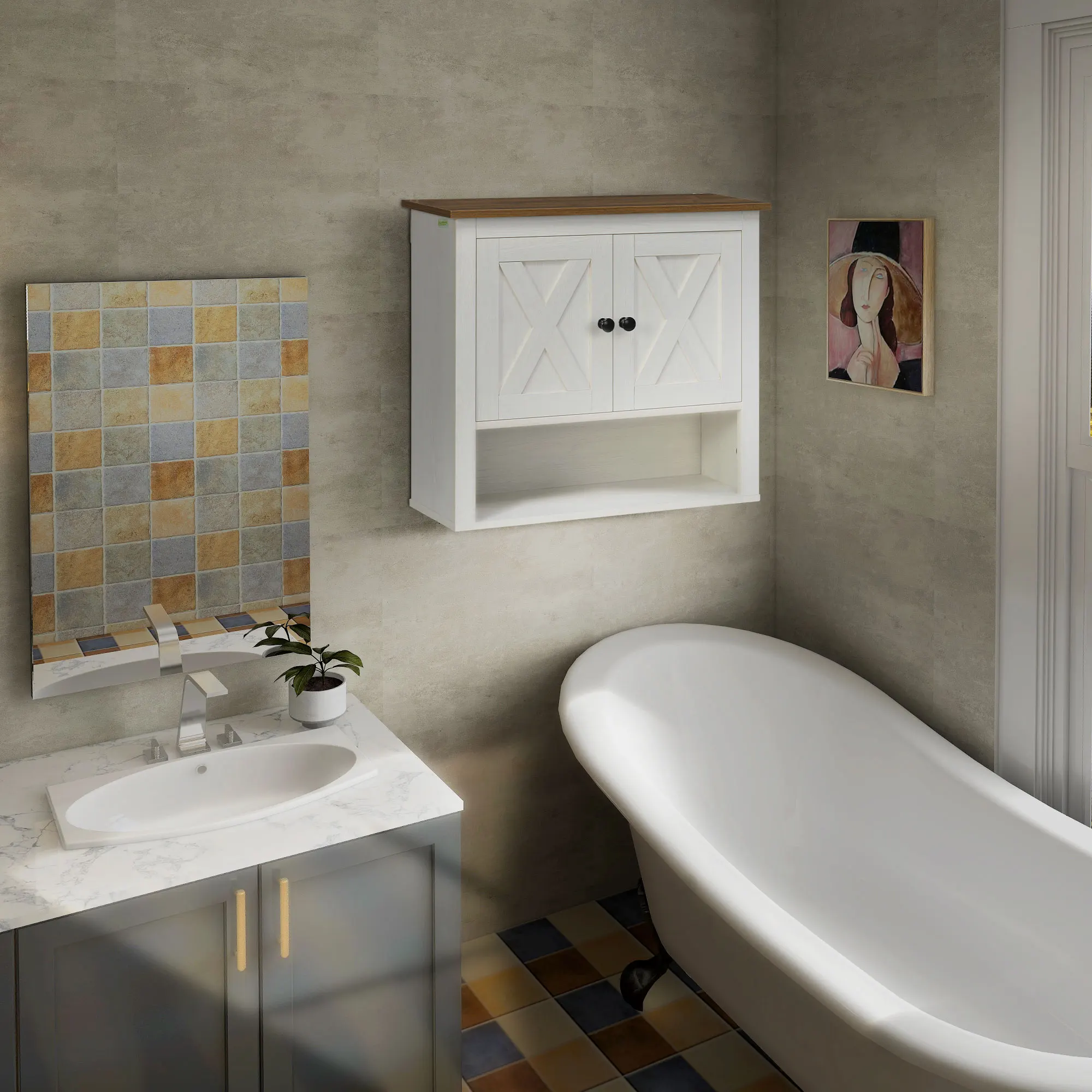 Meuble de rangement mural de salle de bain style ferme avec portes doubles en X, espace de rangement ouvert, armoire murale bicolore, organisateur gain de place pour serviettes, cosmétiques, soins de la peau, articles de toilette, meuble mural compact pour la maison