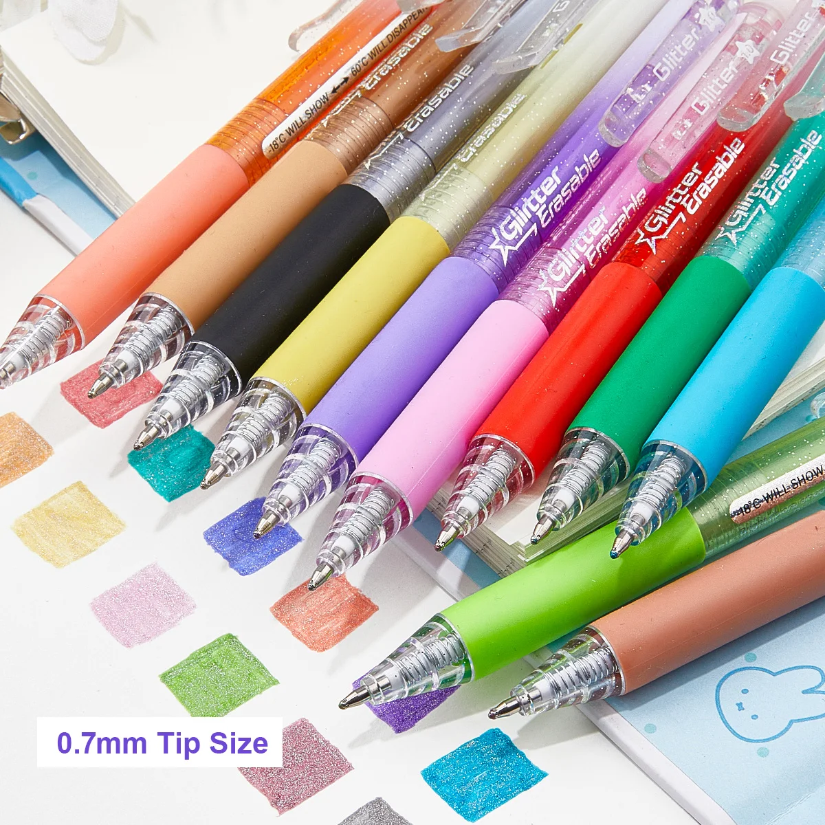 12 Pack Glitter Erasable Gel Pens, 0.7mm Retractable Colored Gel Pens, Smooth Writing for Journaling, Planner, Drawing, Coloring