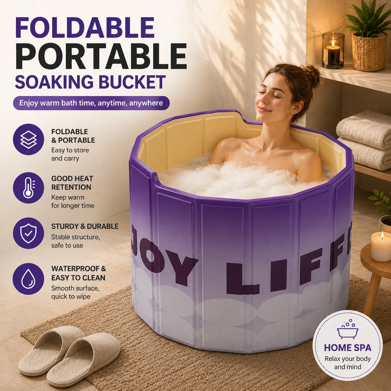 Foldable Portable Bathtub for Adults, Deep Soaking Tub with Back Support, Space-Saving Home Spa Bath Barrel
