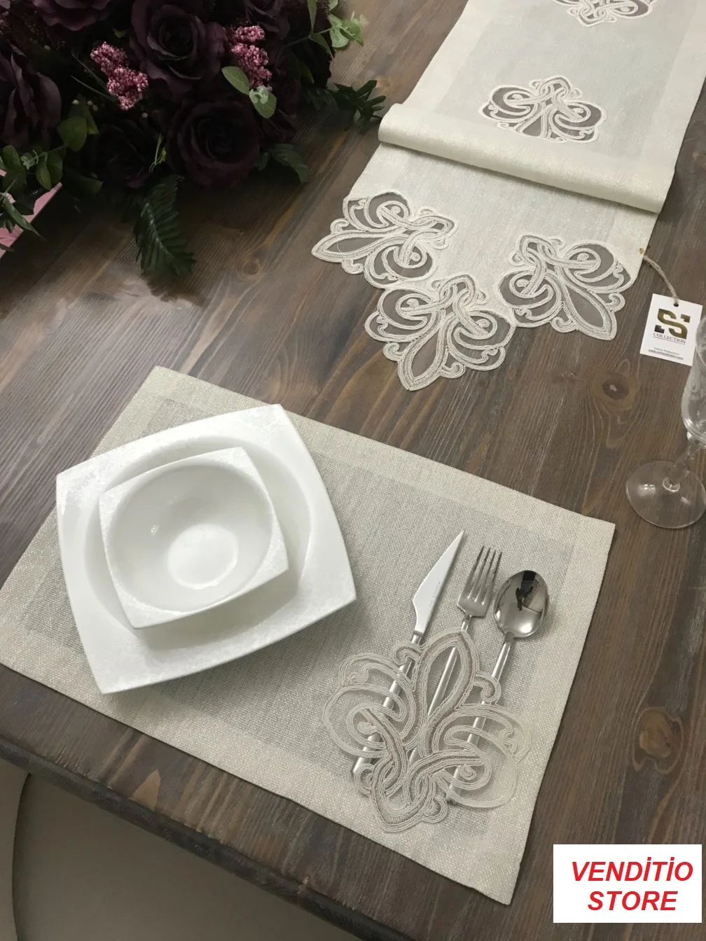 12 Pieces Viento Model Embroidered Stone Color Ranırlı+ Placemat AMERICAN SERVICE EMBROIDERED LISA WITH LINEN EFFECT Placemats