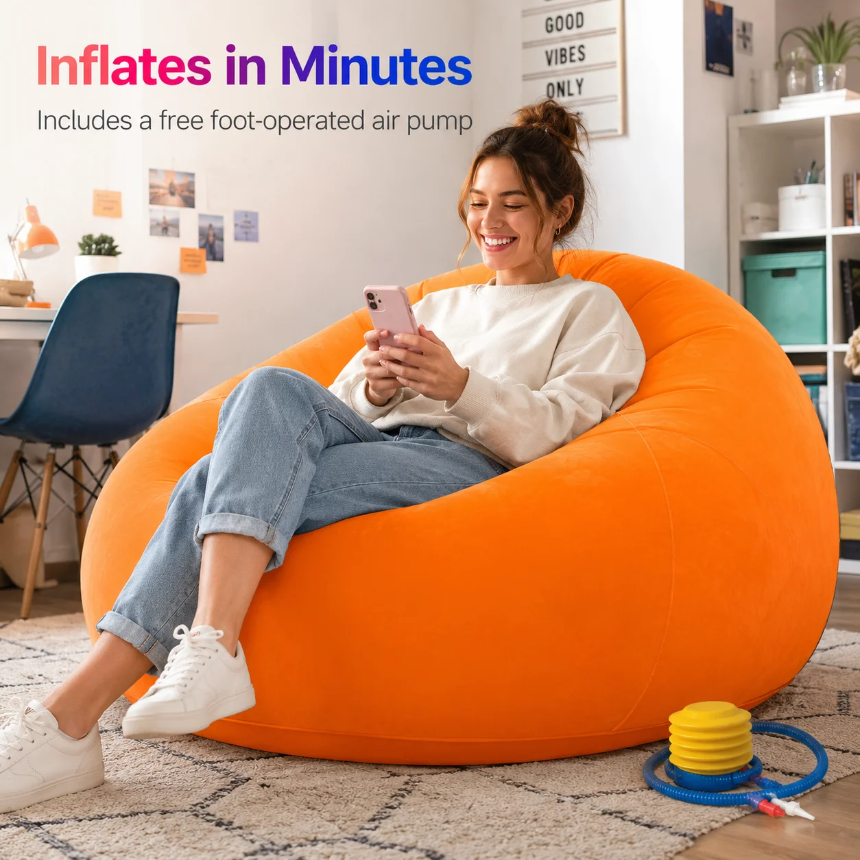 1PC Inflatable Bean Bag Chair, Portable Air Sofa Lazy Lounge Seat with Foot Pump, Flocked Floor Couch for Bedroom Living Room