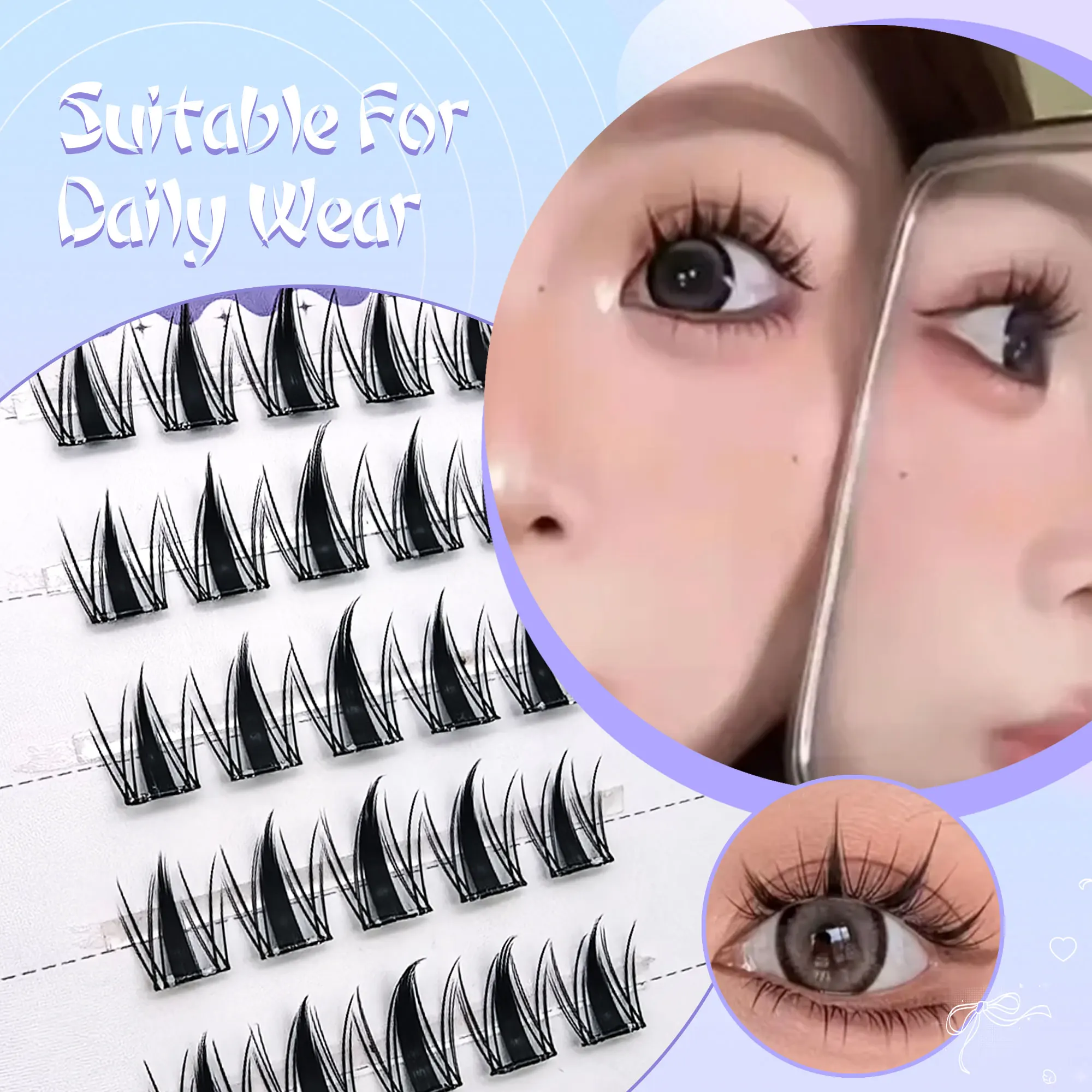 6/10 rijen komische lijmvrije valse wimpers, ultralicht en dun, natuurlijk, met zwarte stengels, voor dagelijks gebruik