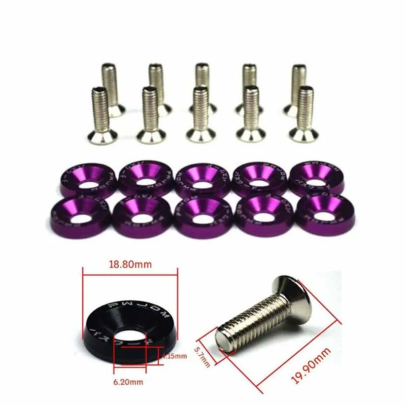 Universally 10pc Purple Car Modified Hex Fasteners Fender Washer Bumper Engine Concave Screws Aluminum Fender Washers and Bolt