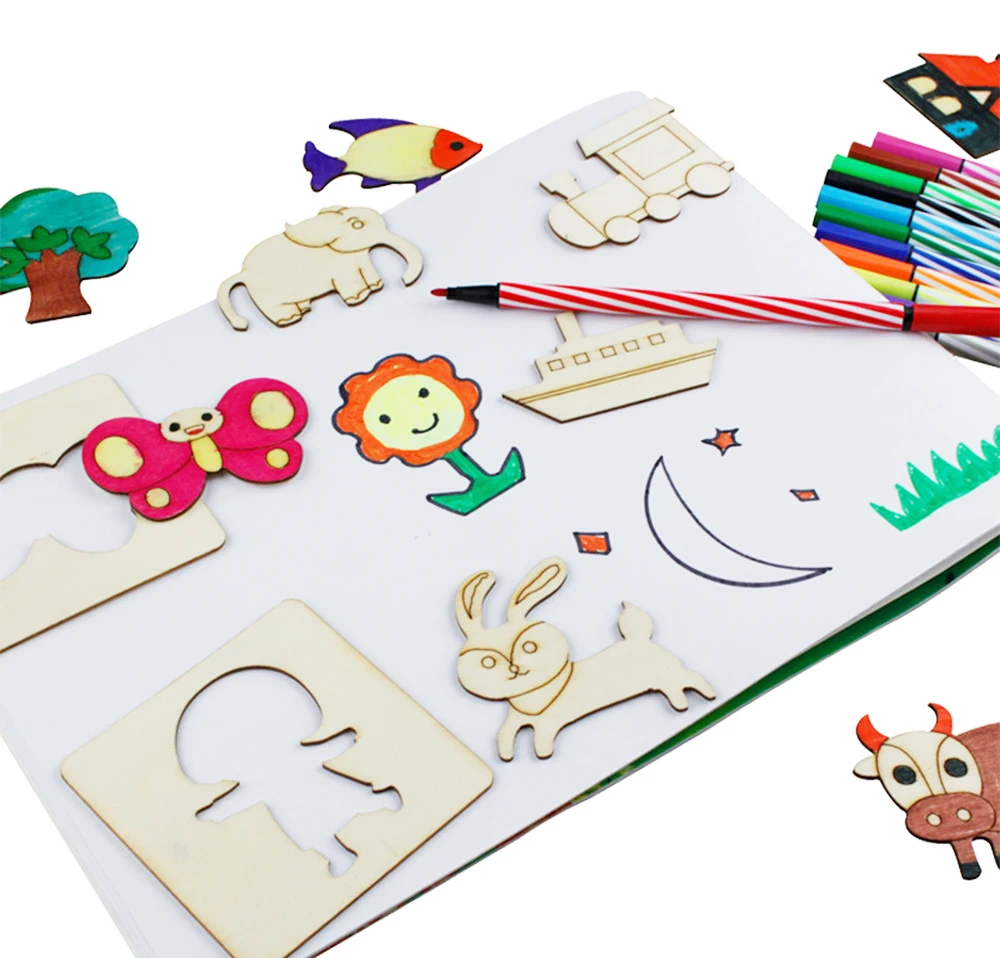 20Pack Kinderen Tekenspeelgoed DIY Schildersjablonen Sjabloon Houten Ambachtelijke Puzzel Educatief Speelgoed voor Jongens Meisjes Verjaardagscadeau