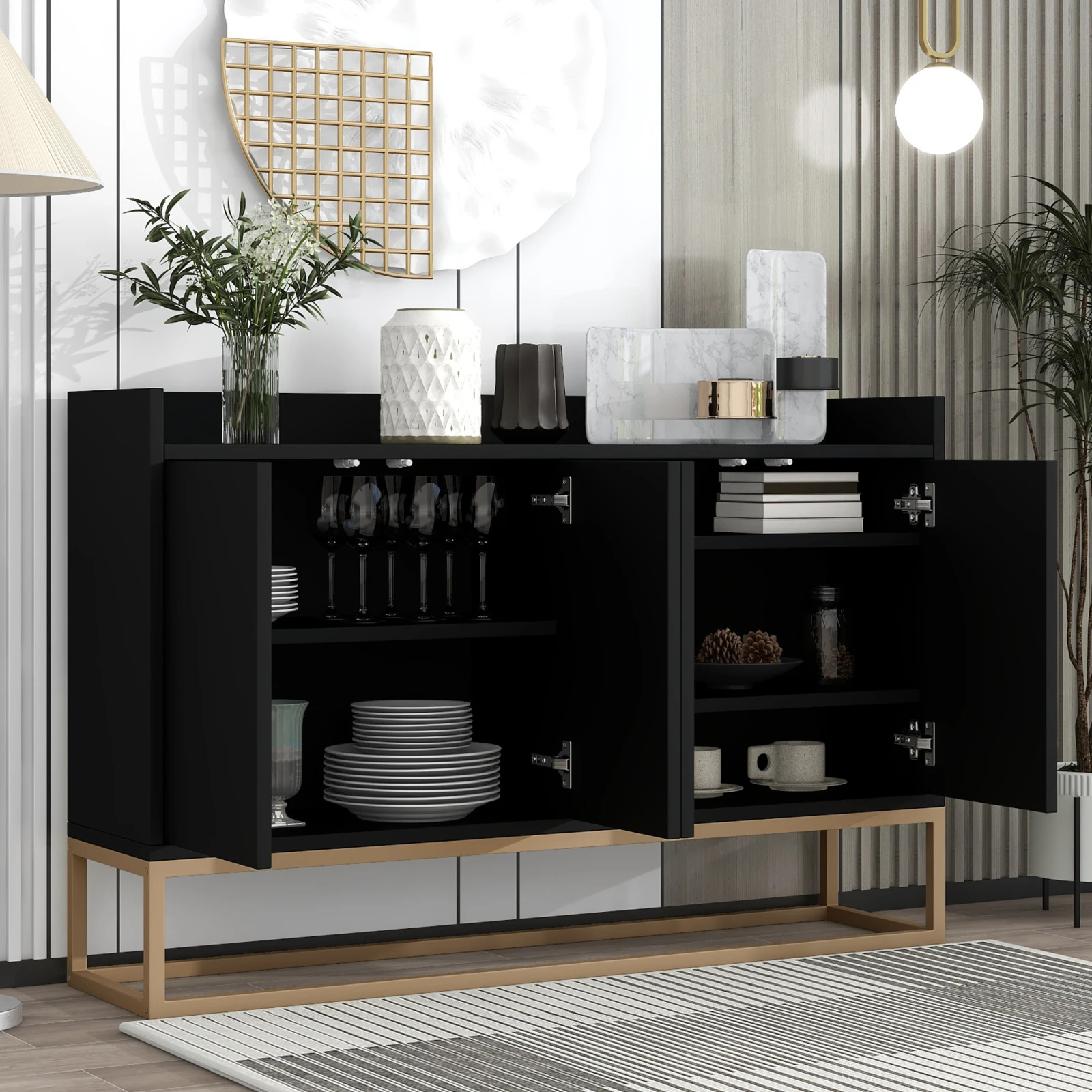 Anajqaqia Armoire à 4 tiroirs moderne 120×30×80 cm, armoire de salle à manger en bois noir, avec pieds en métal doré, pour chambre à coucher, salon