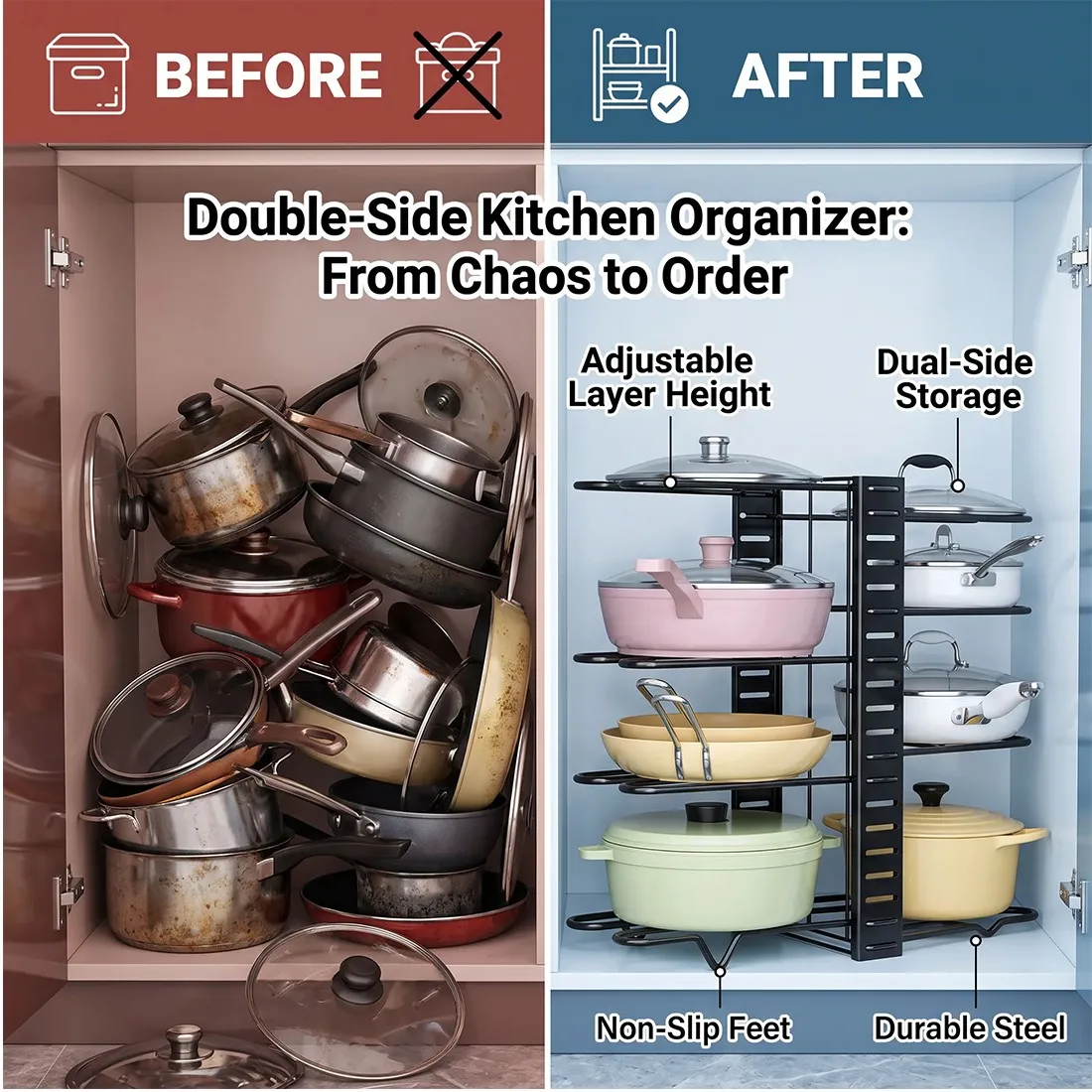 Adjustable pot and pan organiser