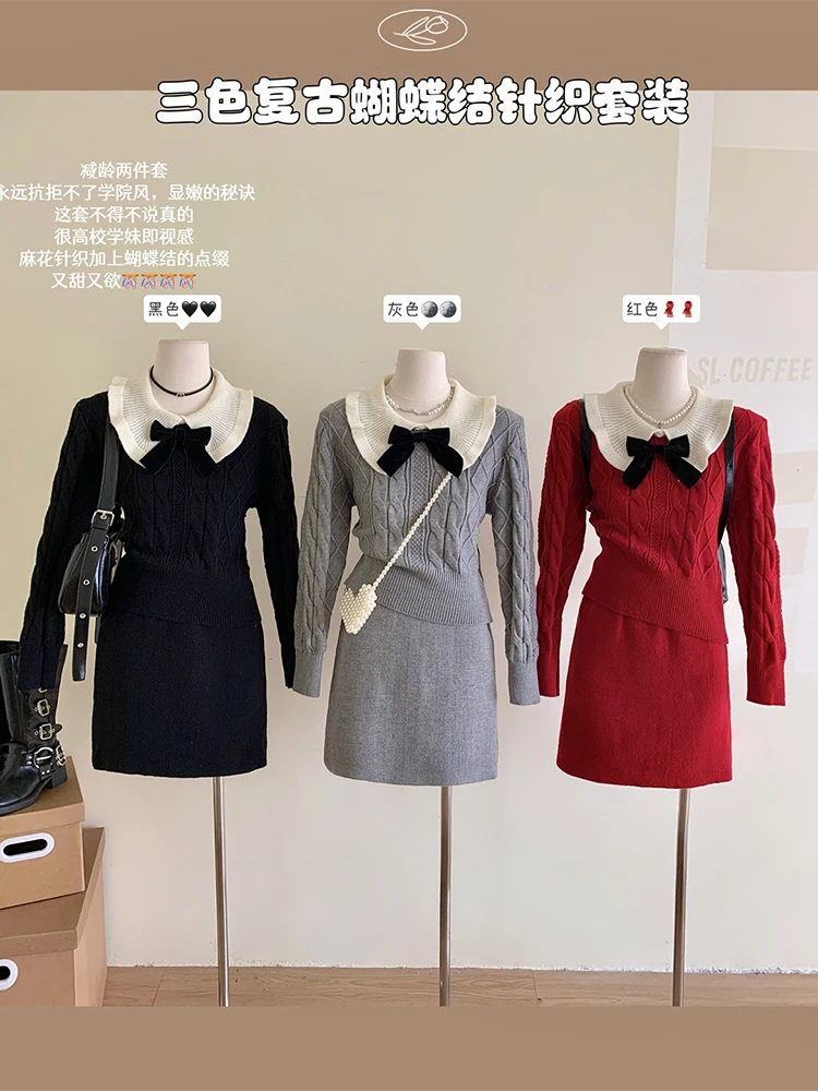 

Elegant Knitted Two-piece Set Women Bow Design Pullover Sweater + Mini A-line Skirt Autumn Winter New Y2K Slim Fit Outfits