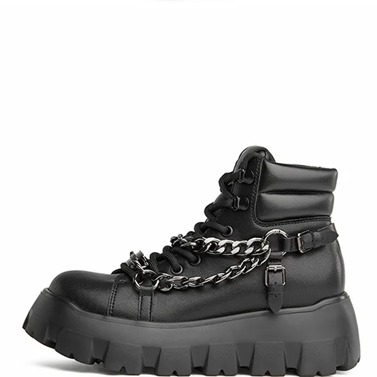 Thick Sole 2024 Newest Booties Lace Up Metal Chain  Autumn Winter Women Booties Round Toe Black Genuine Leather Shoes
