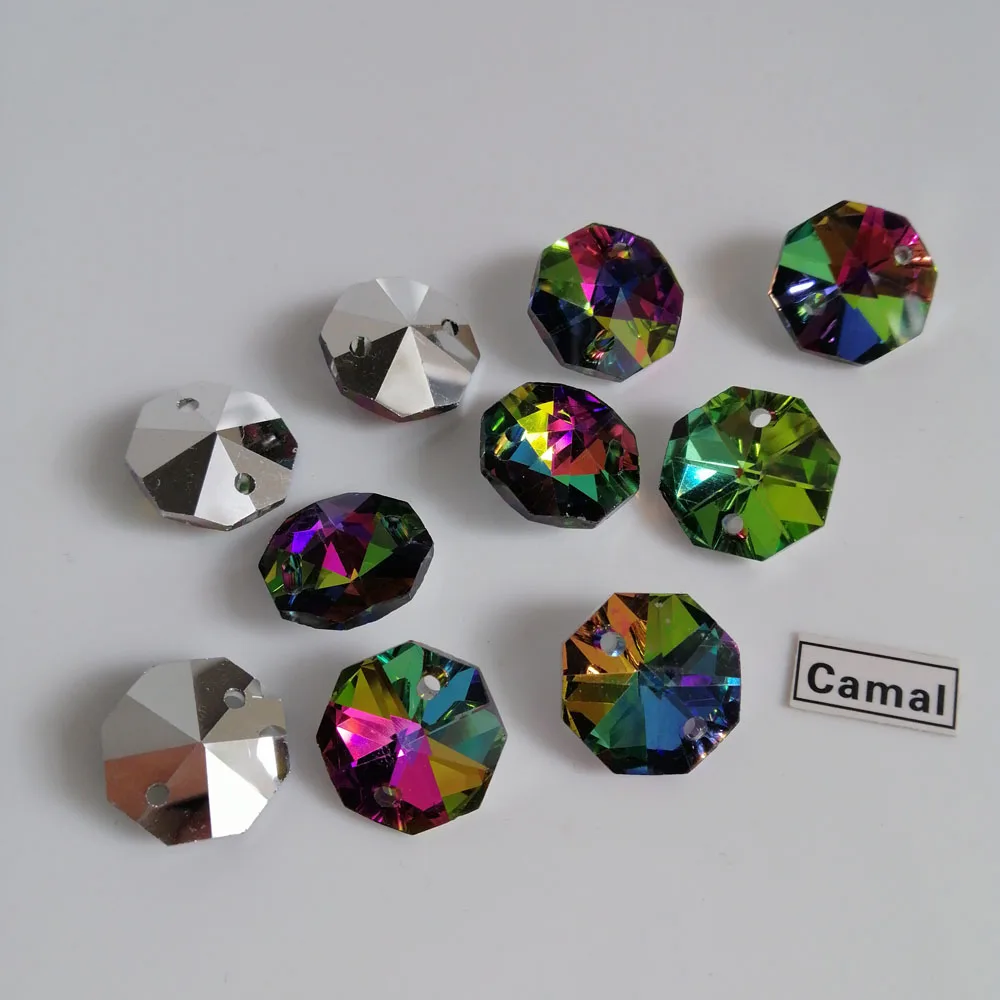 

Camal 20pcs 14mm 1/2 Holes Rainbow Glass Crystal Octagonal Loose Bead Prism Pendant Chandelier Suncatcher Lighting Ornament Part