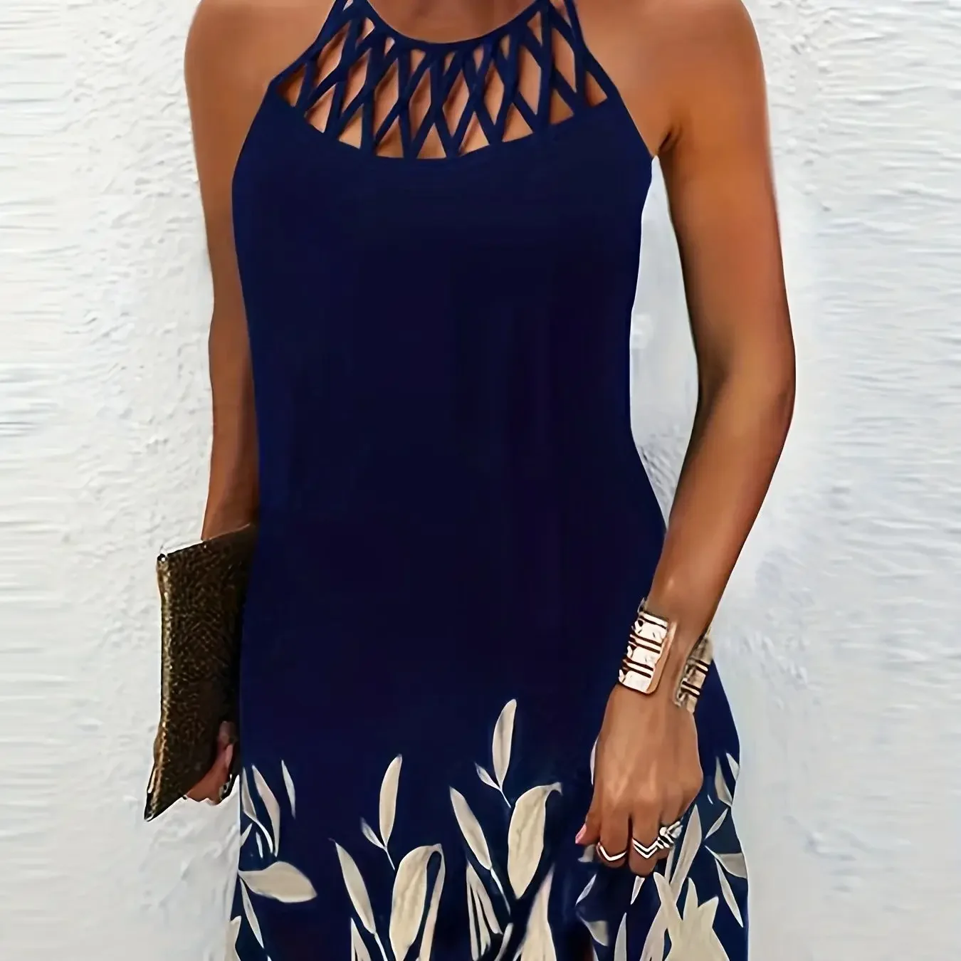 Robe décontractée sans manches avec ceinture en maille imprimée, positionnement du vent National, été 2024