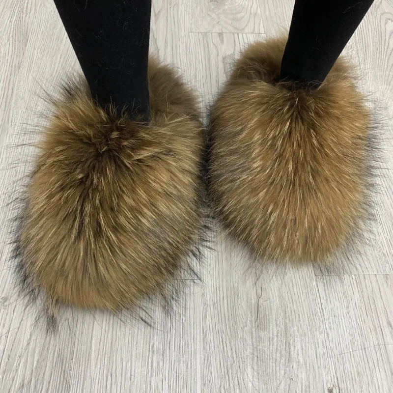 Raccoon Fur Slippers New Designer Real Tan  Fur Women Slides Slippers For Season With Customized Color