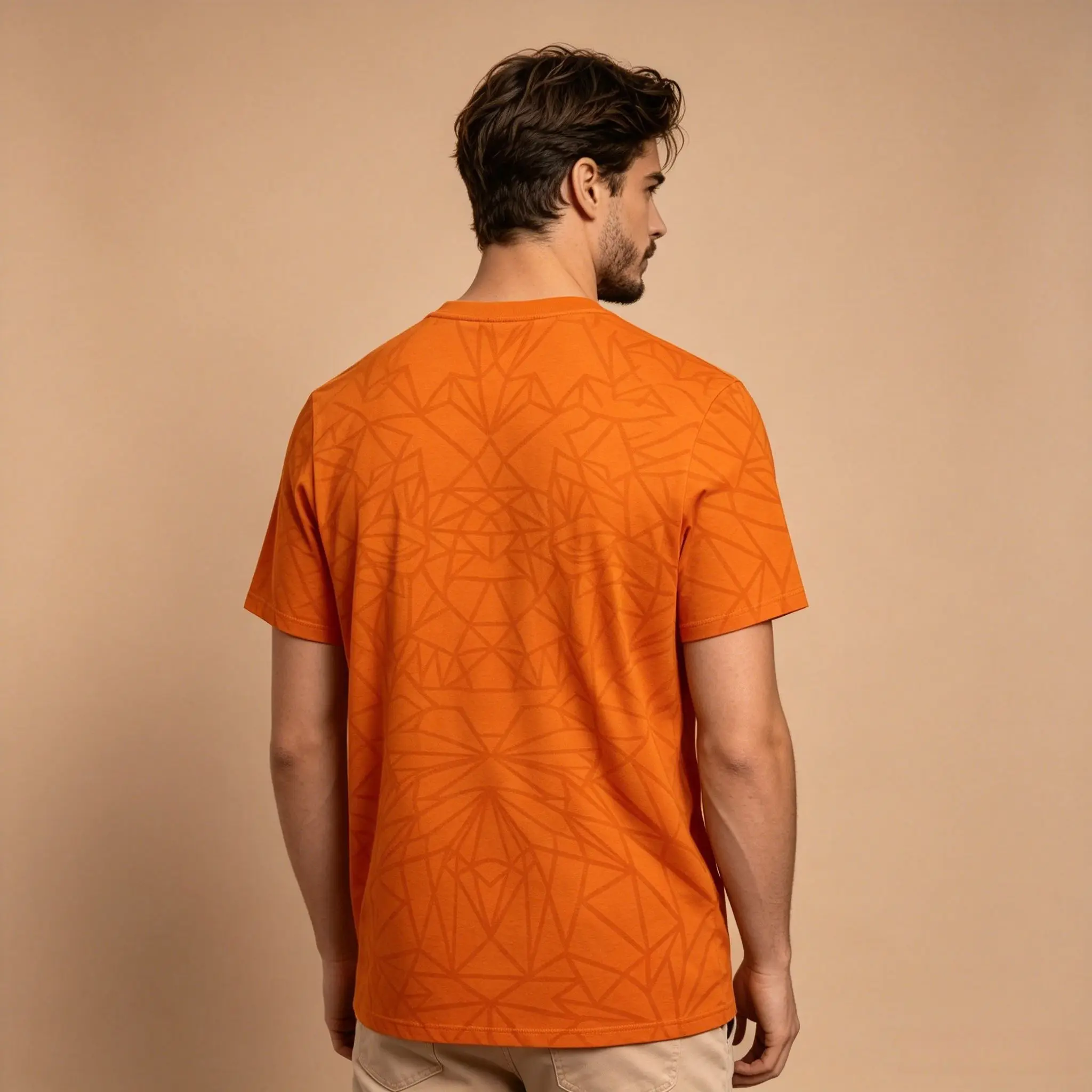 Men's Slim Fit T-Shirt, Orange All Over Geometric Triangle Line Jacquard Pattern Cotton Short Sleeve Business Casual Top