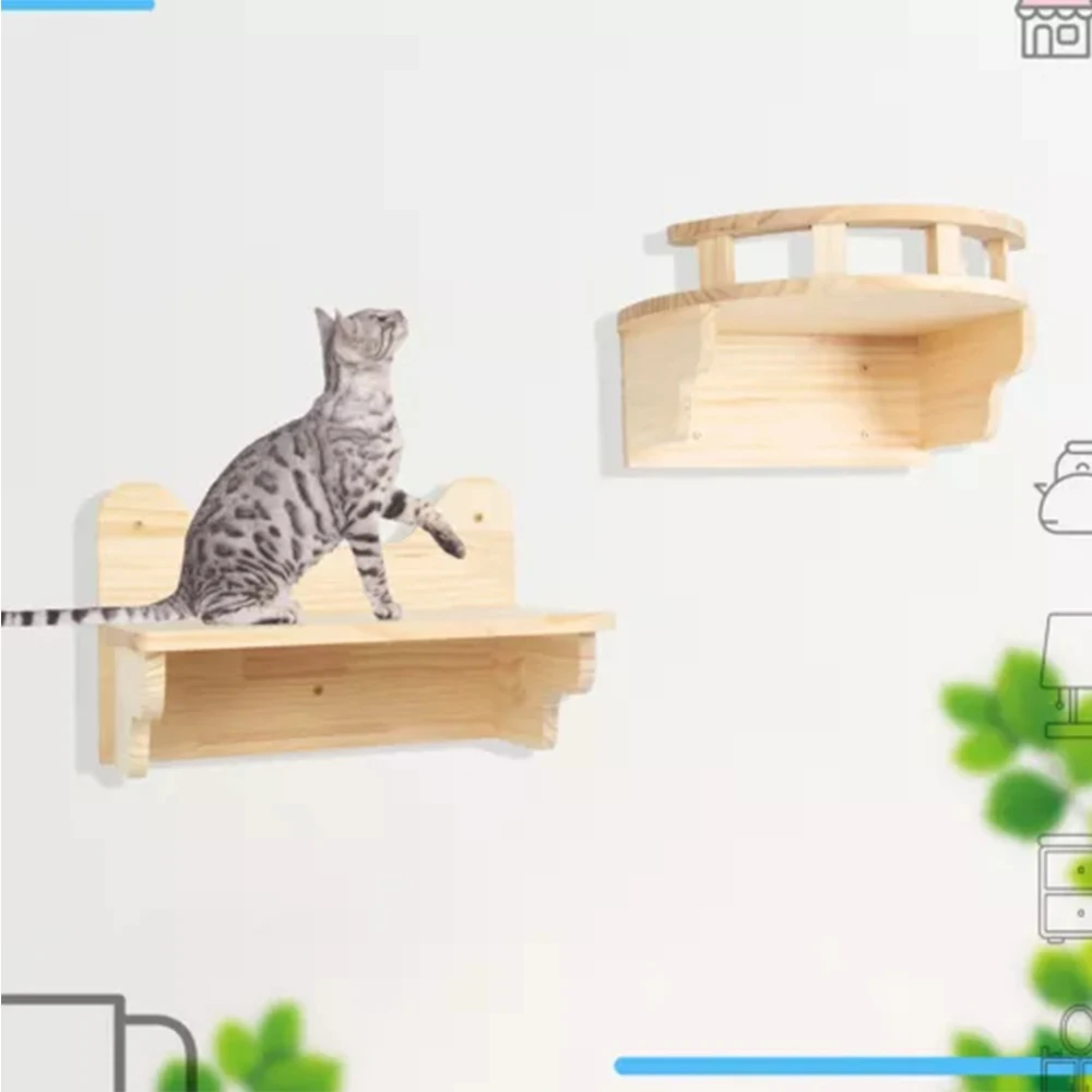 Wall Mounted Cat Shelves Wood Cat Lookout Climbing Shelf Kitten Wall Climbing Tree Furniture Four Step Stair Indoor Cat Hammock