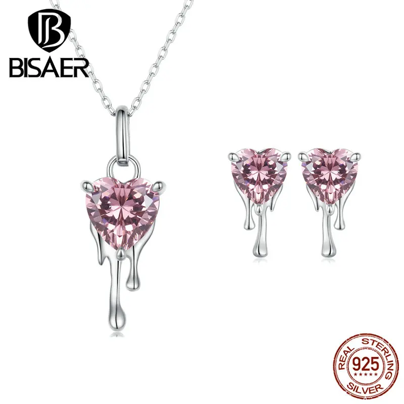 BISAER 925 Sterling Silver Pink Heart Jewelry Set Heart Zircon Irregular Drop Necklaces & Earrings For Luxury Party Fine Jewelry