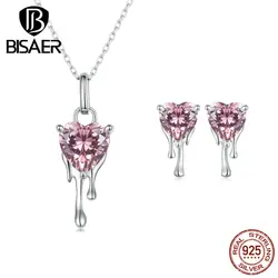 BISAER 925 Sterling Silver Pink Heart Jewelry Set Heart Zircon Irregular Drop Necklaces & Earrings For Luxury Party Fine Jewelry