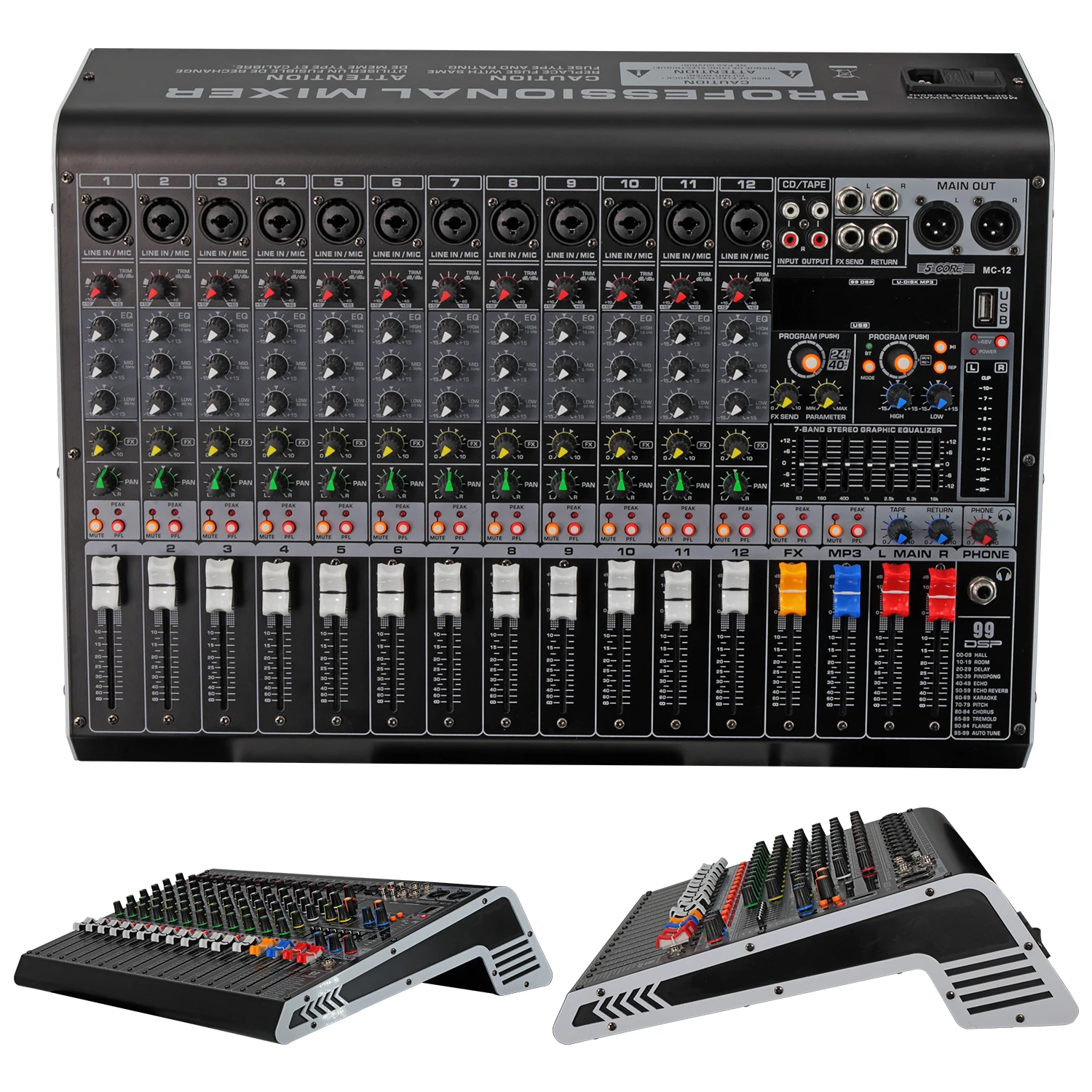 

5 Core Audio Mixer 12 Channel DJ Soundboard USB Interface Bluetooth Mixing Console w 99 DSP Effect
