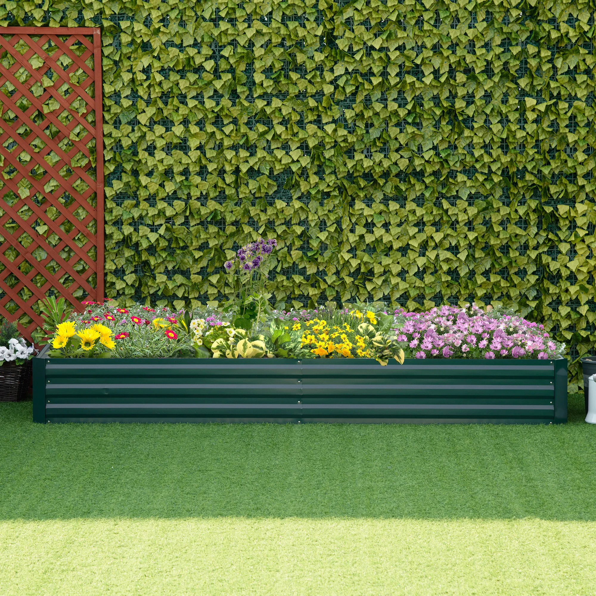 Bac à plantes surélevé rectangulaire long en métal galvanisé vert foncé, avec structure ondulée pour la culture de légumes à racines profondes, accessoire de jardinage, bac à plantes surélevé antirouille pour la décoration de jardin, patio et pelouse.