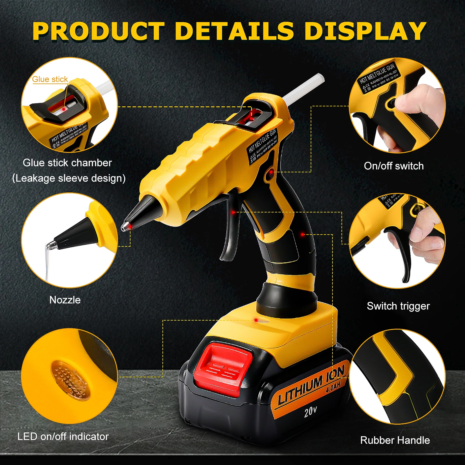 50W Cordless Hot Glue Gun for Dewalt 20V Battery with 30pcs 7mm Sticks 30s Quick Preheat for Arts & Crafts & DIY (No Battery)