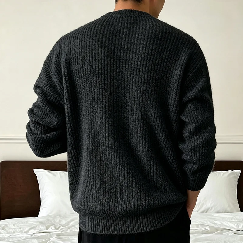 Neuer Herren-Strickpullover in Unifarben für Frühling und Herbst, Lässiger Modischer Pullover mit Gerippter Textur, Langen Ärmeln und Rundhalsausschnitt – Detail 12