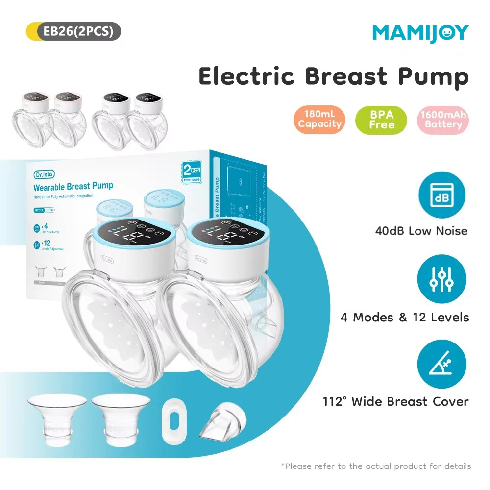 MAMIJOY 2PCS Wearable Electric Breast Pumps 40dB Low Noise 4 Modes＆12 Levels Hands Free Breast Pump Free 19/24mm Flange EB26D