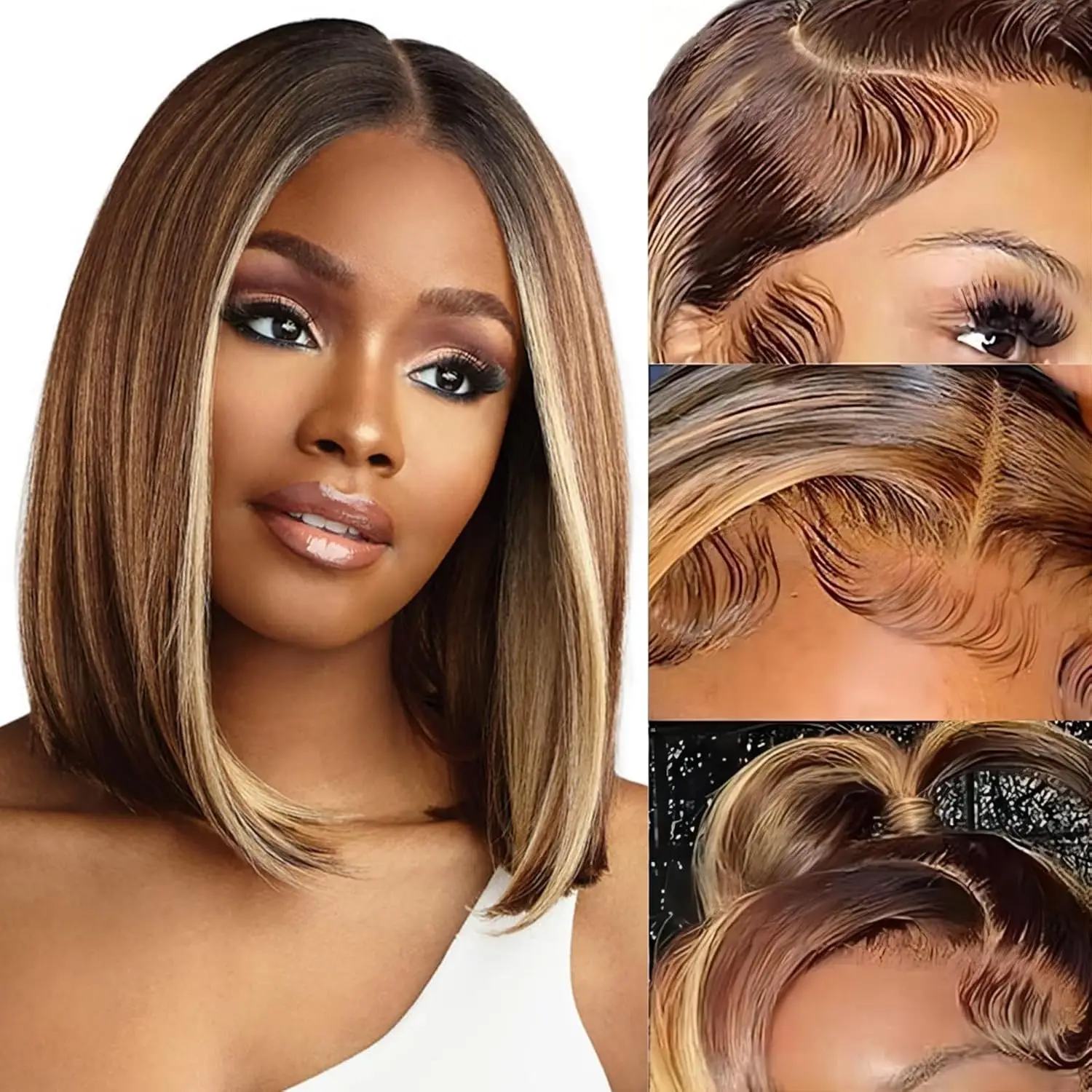 Ombre Honey Blonde P4/27 Highlight Bob Wig Human Hair Short Bob Straight Wigs 4x4 13x4 Lace Front Wigs For Women 180% Density