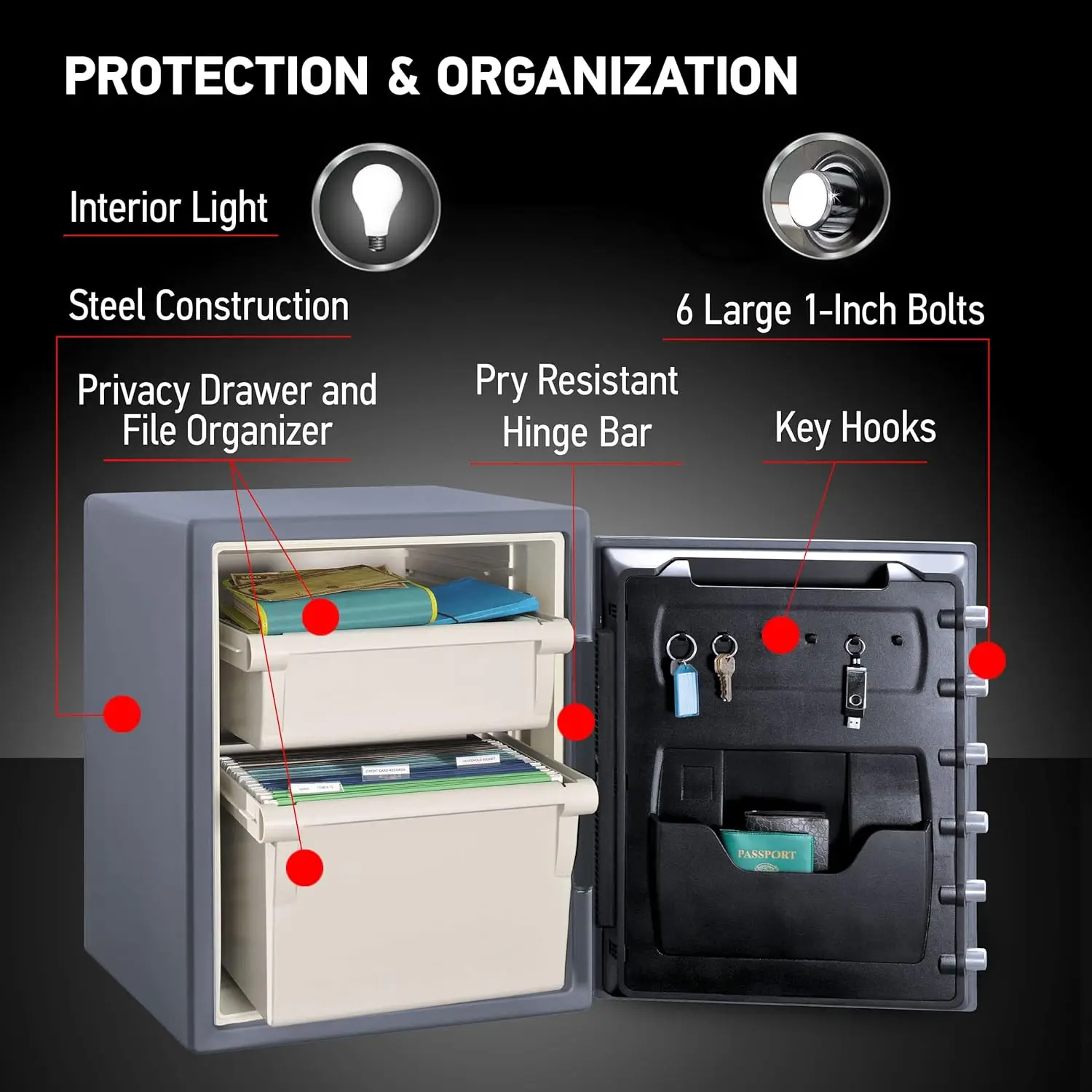 À prova de fogo e impermeável Home Safe with Digital Keypad Lock, Floor Safe, Gray Steel, Iluminação Interior, Dinheiro e Dinheiro