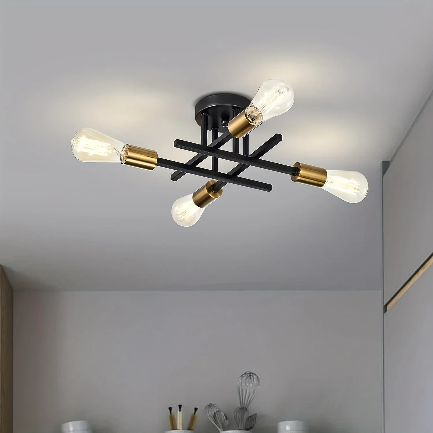 Modern Semi Flush Mount Ceiling Light Fixture Black & Gold 4 Lights Sputnik Close to Ceiling Light Chandelier Ceiling Lamp